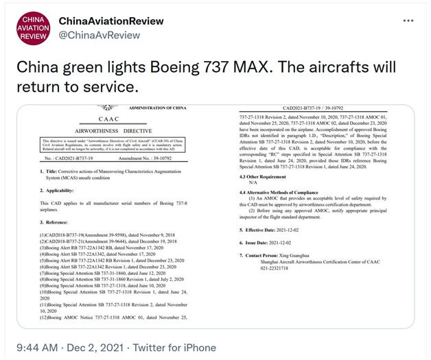 Čínský regulátor otevřel cestu k návratu 737 MAX do provozu